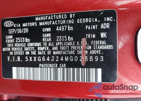 2021 Kia K5 Gt Line из США, поврежденный, VIN 5XXG64J24MG028893